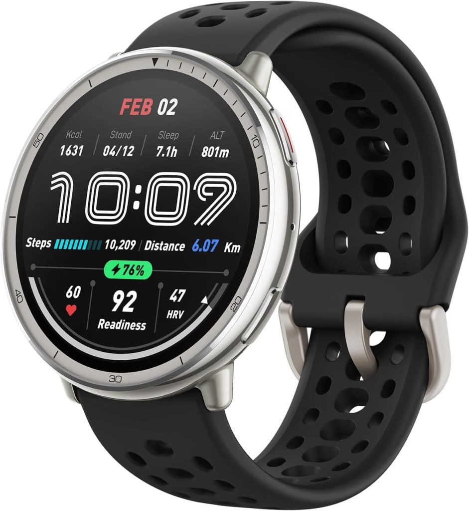 Amazfit Active 2 Smart Watch front and side view with black silicone strap, showcasing the round AMOLED display