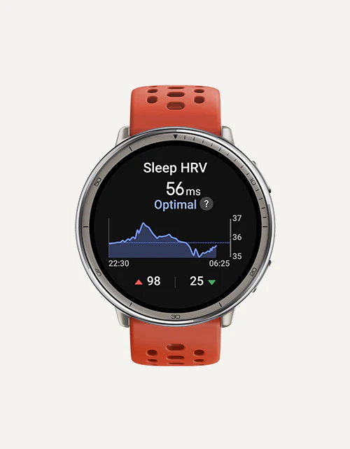 Amazfit Active 2 Smart Watch with red silicone band displaying fitness metrics on screen, highlighting sporty look